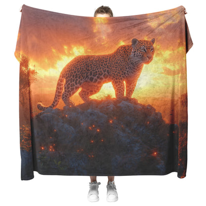 Leopard Standing Atop Rocky Outcrop with Glowing Orange Clouds Under Sunset Fleece Sherpa Blanket - Awakening Righteousness