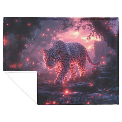Leopard Walking Through Glowing Ancient Jungle Ruins Under Twilight Sky Fleece Sherpa Blanket Magical and Soft - Awakening Righteousness
