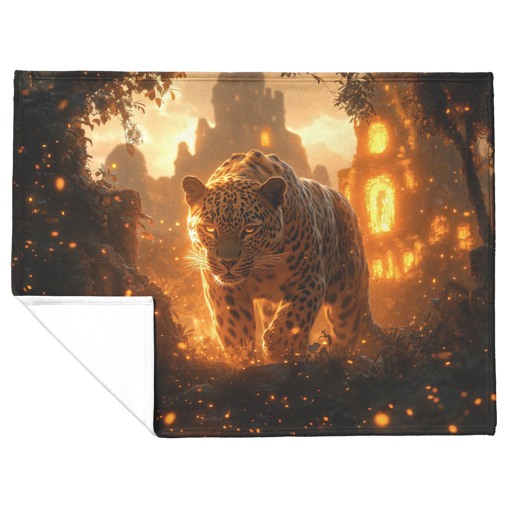 Leopard Walking Through Glowing Ancient Jungle Ruins Under Twilight Sky Fleece Sherpa Blanket Magical and Soft - Awakening Righteousness