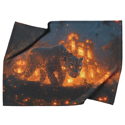 Leopard Walking Through Glowing Ancient Jungle Ruins Under Twilight Sky Fleece Sherpa Blanket Magical and Soft - Awakening Righteousness