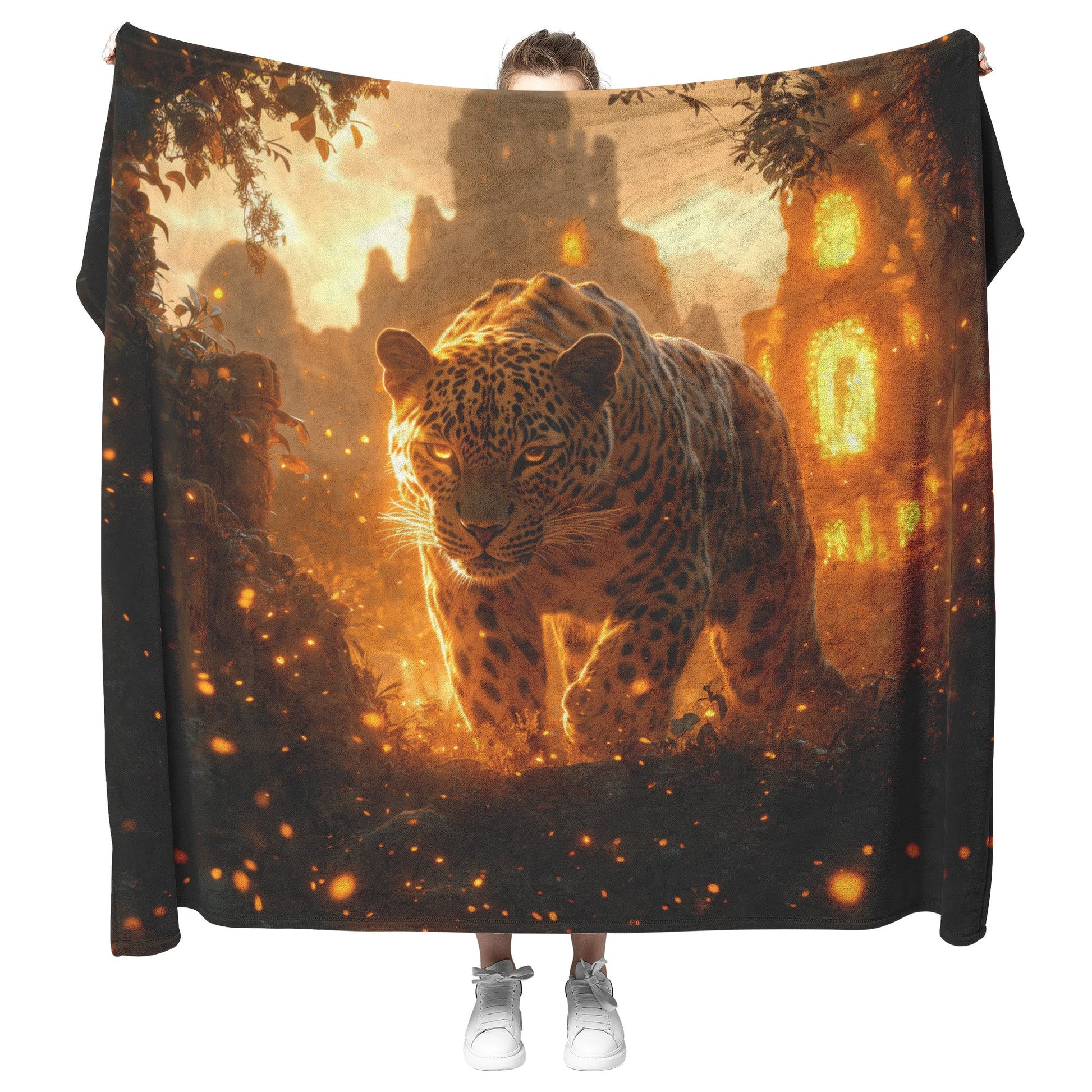 Leopard Walking Through Glowing Ancient Jungle Ruins Under Twilight Sky Fleece Sherpa Blanket Magical and Soft - Awakening Righteousness