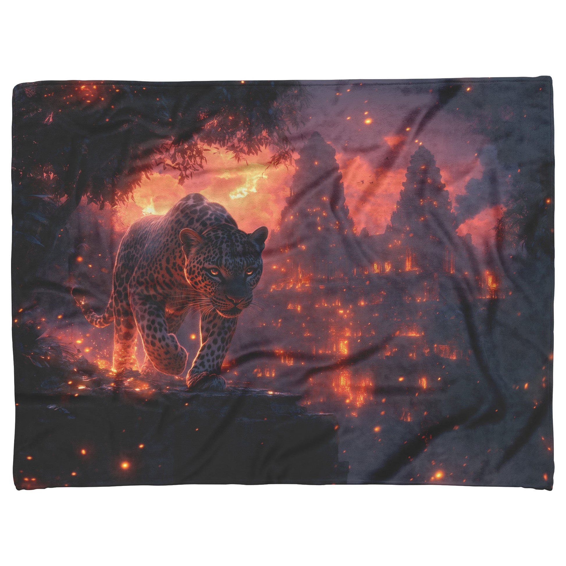 Leopard Walking Through Glowing Ancient Jungle Ruins Under Twilight Sky Fleece Sherpa Blanket Magical and Soft - Awakening Righteousness