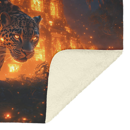 Leopard Walking Through Glowing Ancient Jungle Ruins Under Twilight Sky Fleece Sherpa Blanket Magical and Soft - Awakening Righteousness