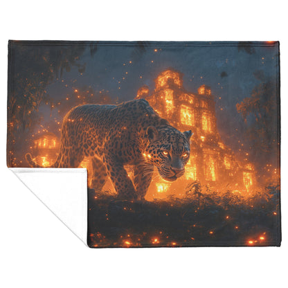 Leopard Walking Through Glowing Ancient Jungle Ruins Under Twilight Sky Fleece Sherpa Blanket Magical and Soft - Awakening Righteousness
