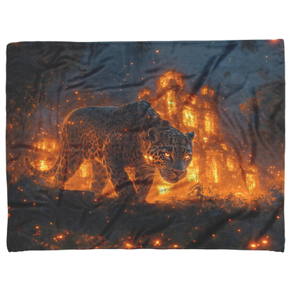Leopard Walking Through Glowing Ancient Jungle Ruins Under Twilight Sky Fleece Sherpa Blanket Magical and Soft - Awakening Righteousness