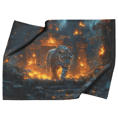 Leopard Walking Through Glowing Ancient Jungle Ruins Under Twilight Sky Fleece Sherpa Blanket Magical and Soft - Awakening Righteousness