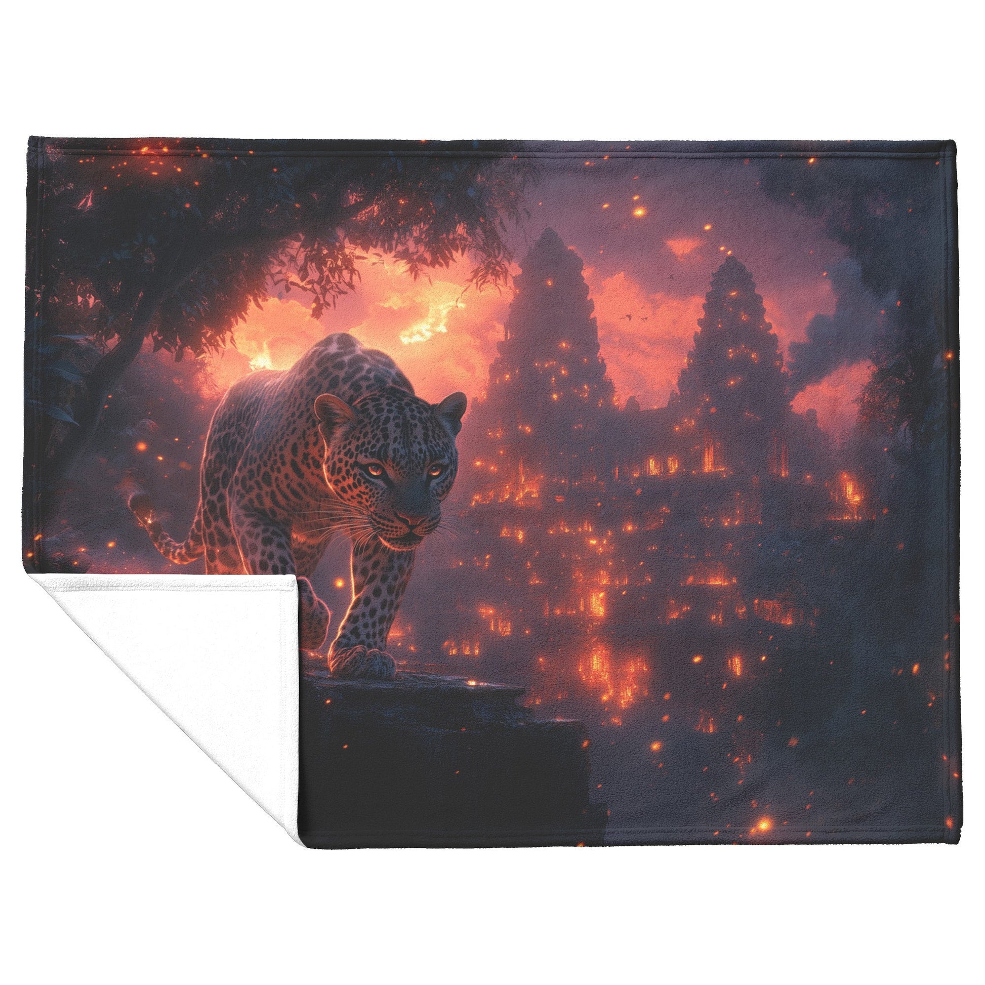 Leopard Walking Through Glowing Ancient Jungle Ruins Under Twilight Sky Fleece Sherpa Blanket Magical and Soft - Awakening Righteousness
