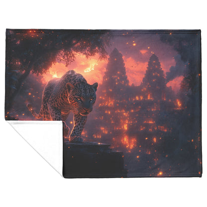 Leopard Walking Through Glowing Ancient Jungle Ruins Under Twilight Sky Fleece Sherpa Blanket Magical and Soft - Awakening Righteousness