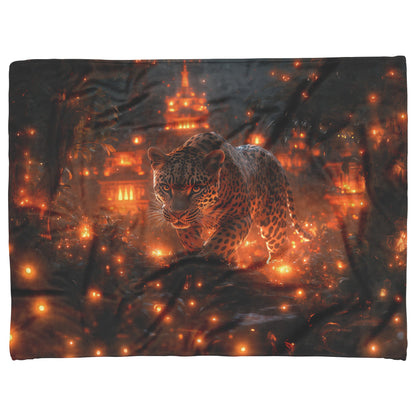 Leopard Walking Through Glowing Ancient Jungle Ruins Under Twilight Sky Fleece Sherpa Blanket Magical and Soft - Awakening Righteousness