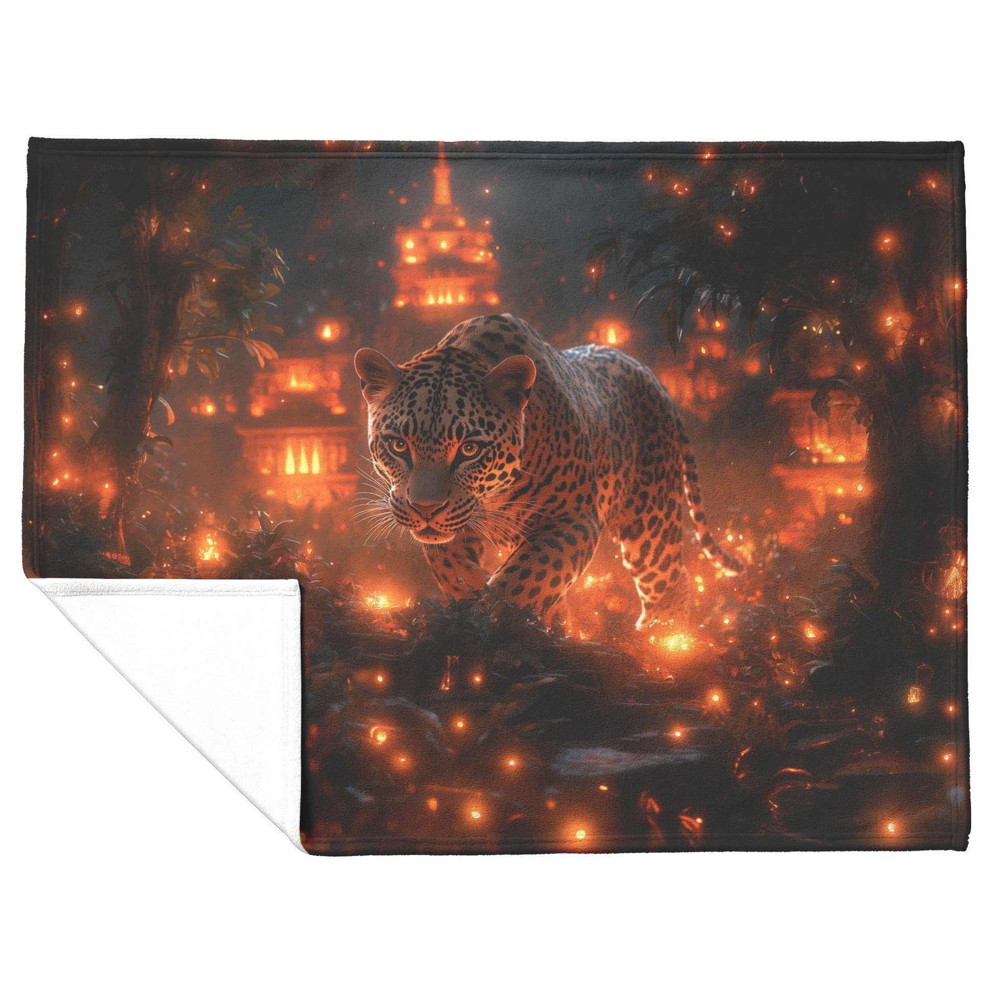 Leopard Walking Through Glowing Ancient Jungle Ruins Under Twilight Sky Fleece Sherpa Blanket Magical and Soft - Awakening Righteousness