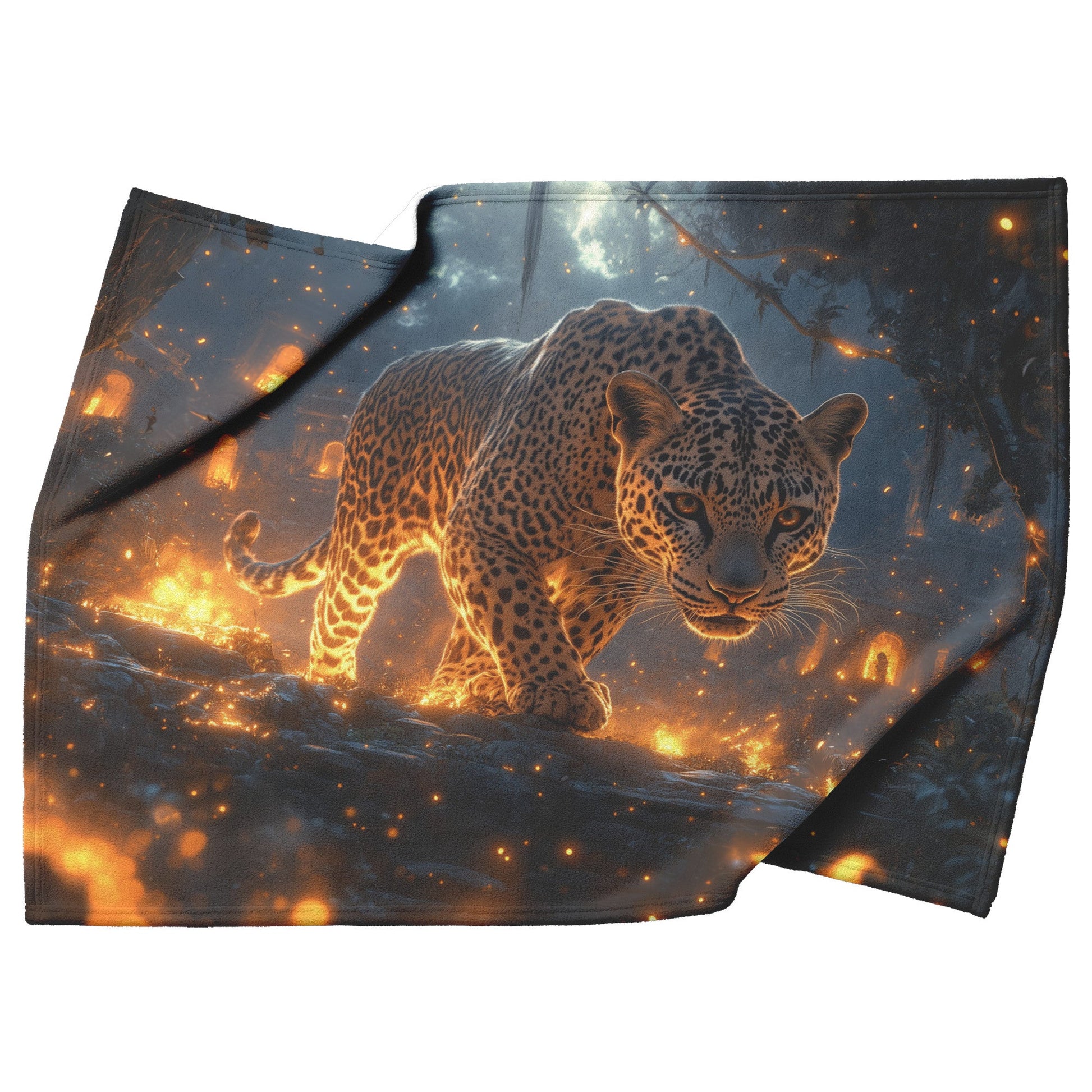 Leopard Walking Through Glowing Ancient Jungle Ruins Under Twilight Sky Fleece Sherpa Blanket Magical and Soft - Awakening Righteousness