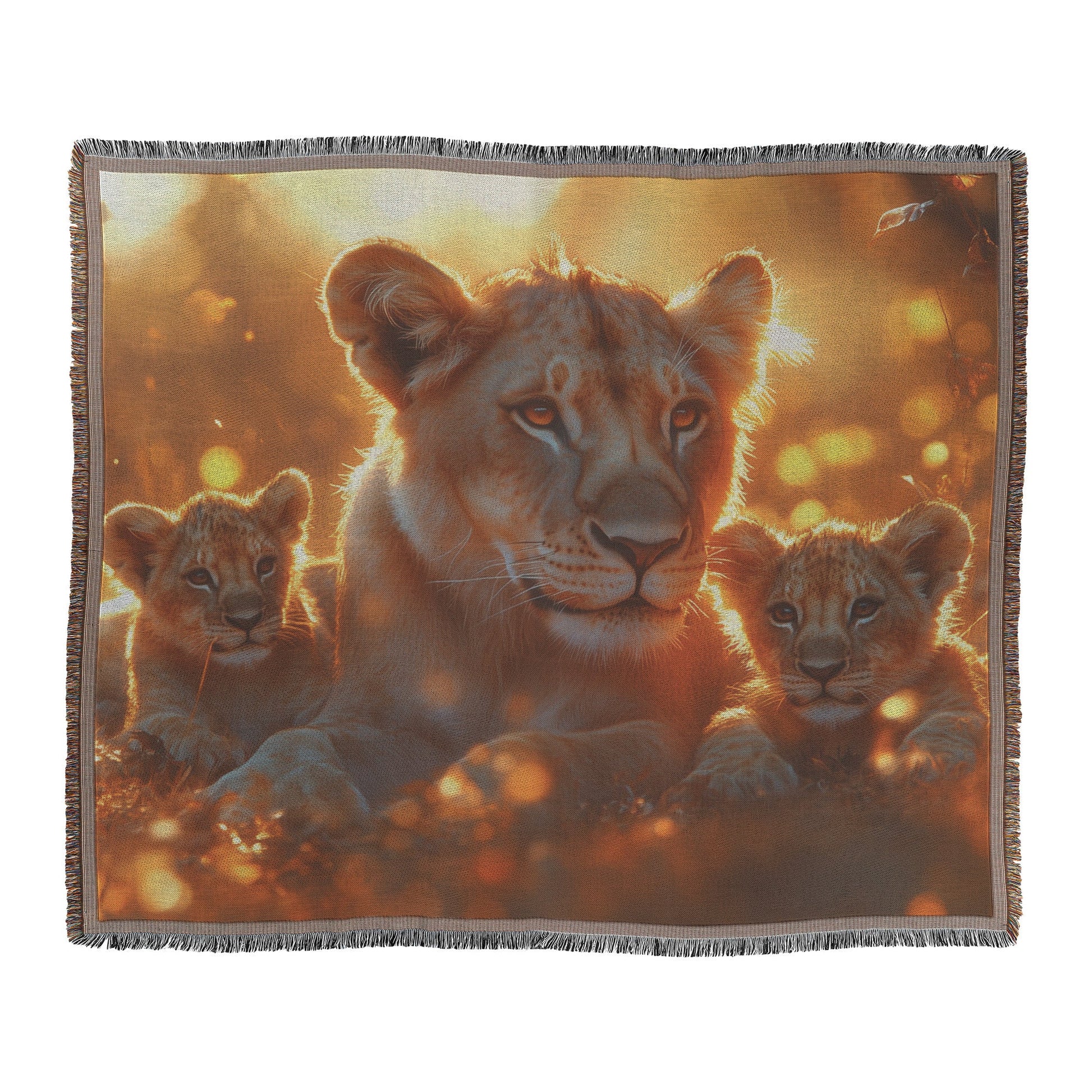 Lion Family Resting in Glowing Golden Grass with Morning Mist and Warm Sunlight Woven Throw Blanket - Awakening Righteousness