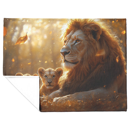 Lion Family Resting in Golden Grass with Morning Mist and Warm Sunlight Fleece Sherpa Blanket - Awakening Righteousness