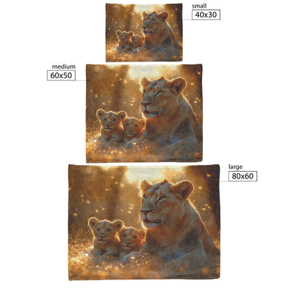 Lion Family Resting in Golden Grass with Morning Mist and Warm Sunlight Fleece Sherpa Blanket - Awakening Righteousness