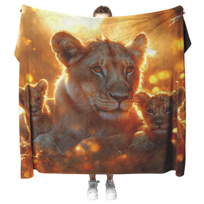 Lion Family Resting in Golden Grass with Morning Mist and Warm Sunlight Fleece Sherpa Blanket - Awakening Righteousness