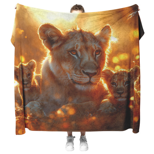 Lion Family Resting in Golden Grass with Morning Mist and Warm Sunlight Fleece Sherpa Blanket - Awakening Righteousness