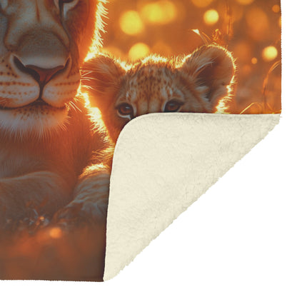 Lion Family Resting in Golden Grass with Morning Mist and Warm Sunlight Fleece Sherpa Blanket - Awakening Righteousness