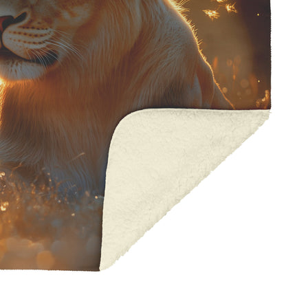 Lion Family Resting in Golden Grass with Morning Mist and Warm Sunlight Fleece Sherpa Blanket - Awakening Righteousness