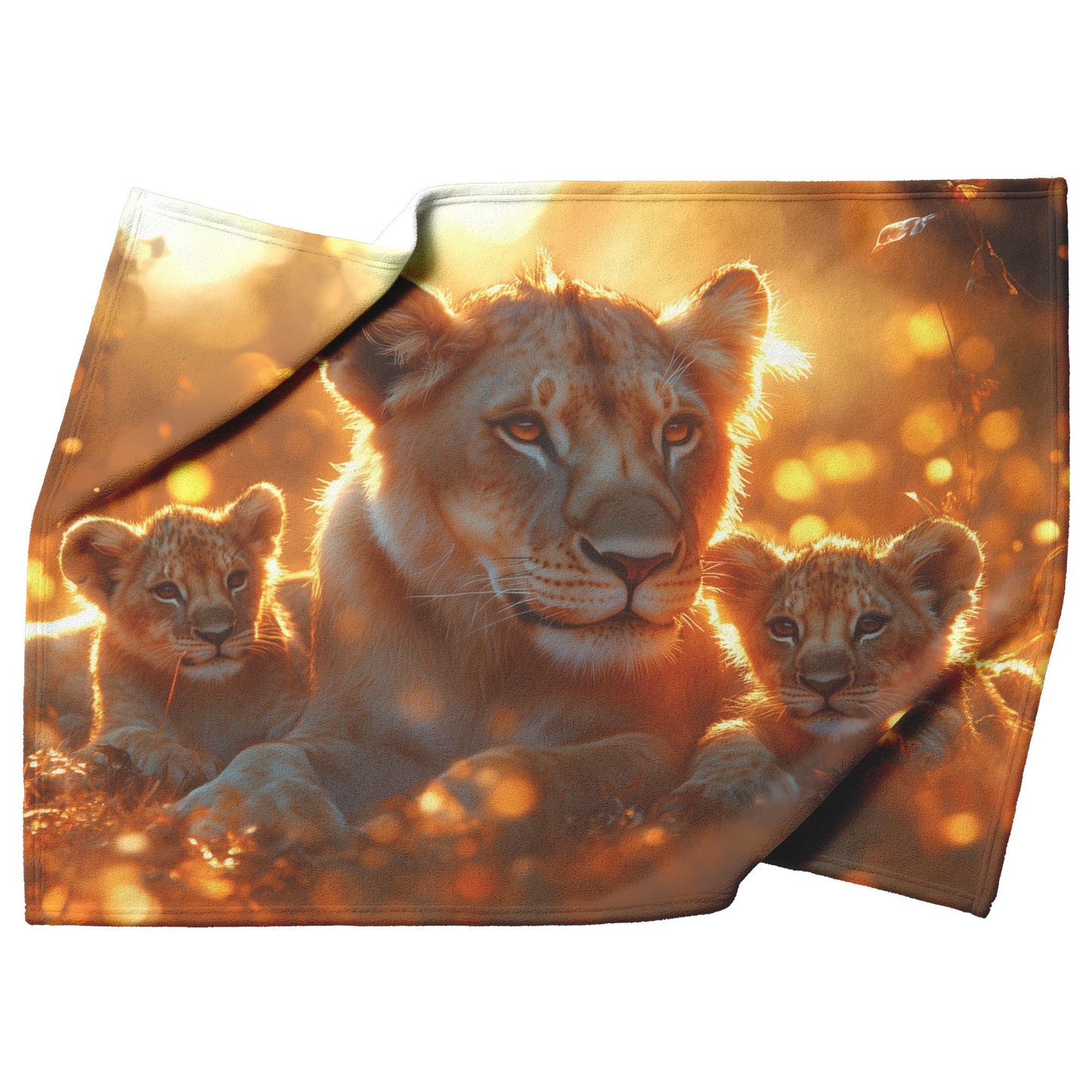 Lion Family Resting in Golden Grass with Morning Mist and Warm Sunlight Fleece Sherpa Blanket - Awakening Righteousness