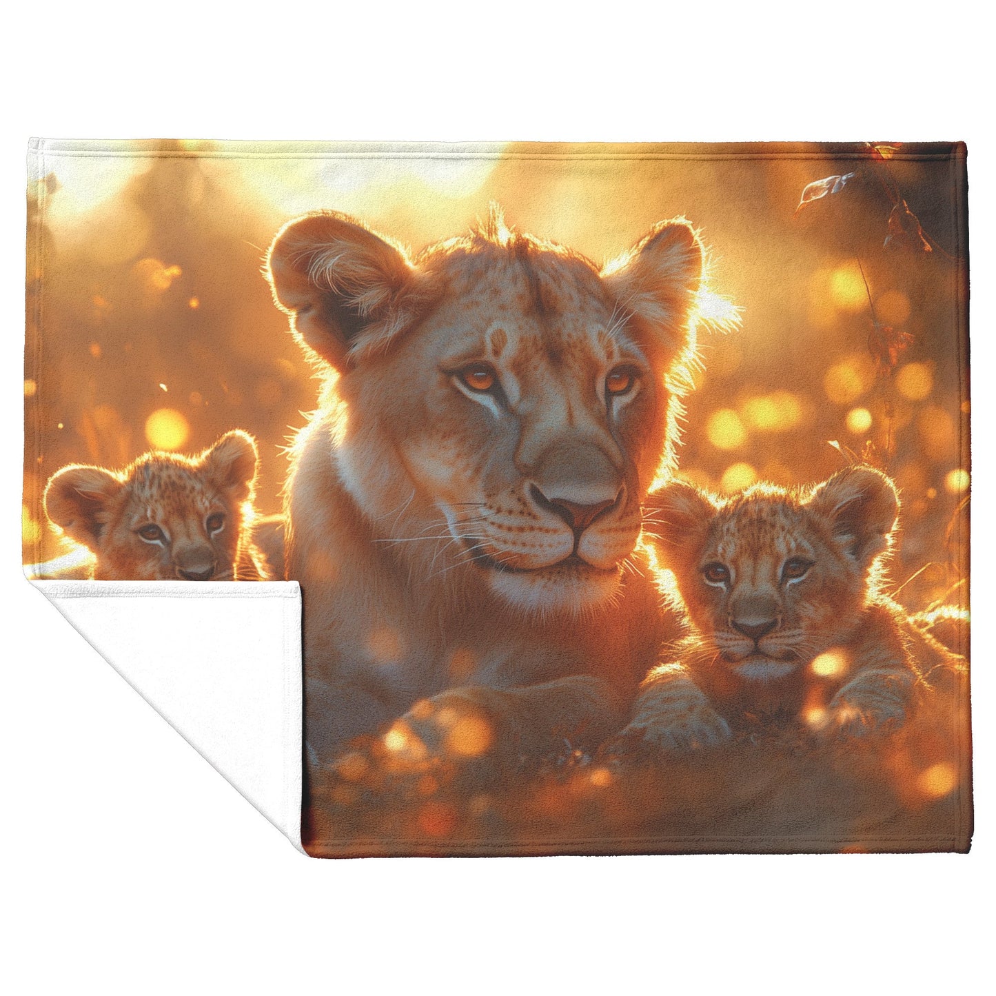 Lion Family Resting in Golden Grass with Morning Mist and Warm Sunlight Fleece Sherpa Blanket - Awakening Righteousness