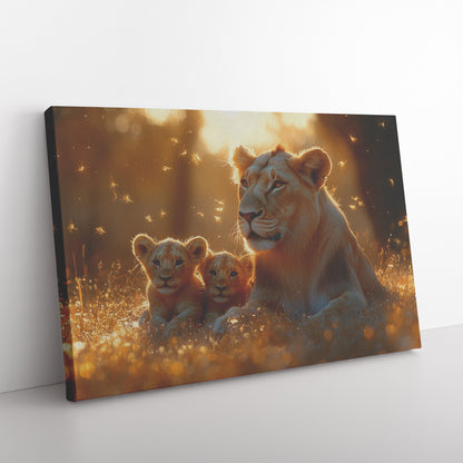Lion Family Resting Peacefully in Glowing Golden Grass Surrounded by Morning Mist and Warm Sunlight Canvas Wall Art - Awakening Righteousness