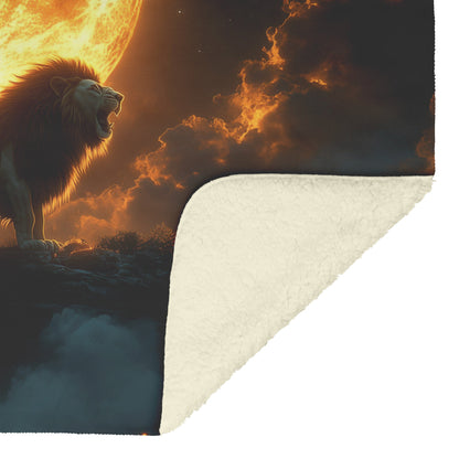 Lion Roaring on Hilltop Against Full Moon with Glowing Clouds and Swirling Mist Fleece Sherpa Blanket - Awakening Righteousness