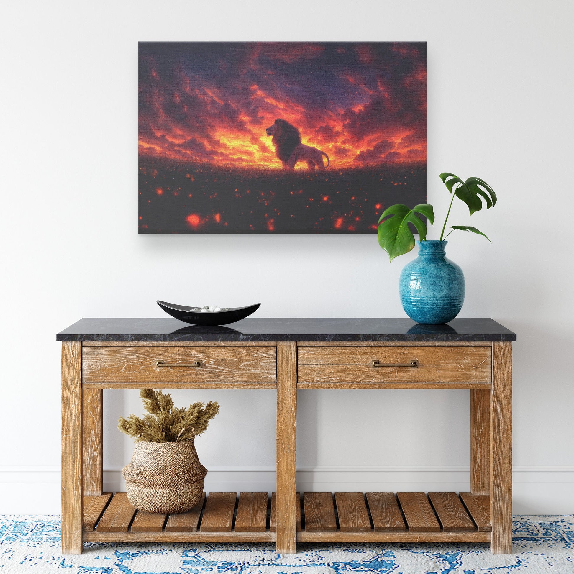 Lion Silhouetted Against Glowing Orange and Purple Twilight Sky Surrounded by Swirling Golden Mist Canvas Wall Art Decor - Awakening Righteousness