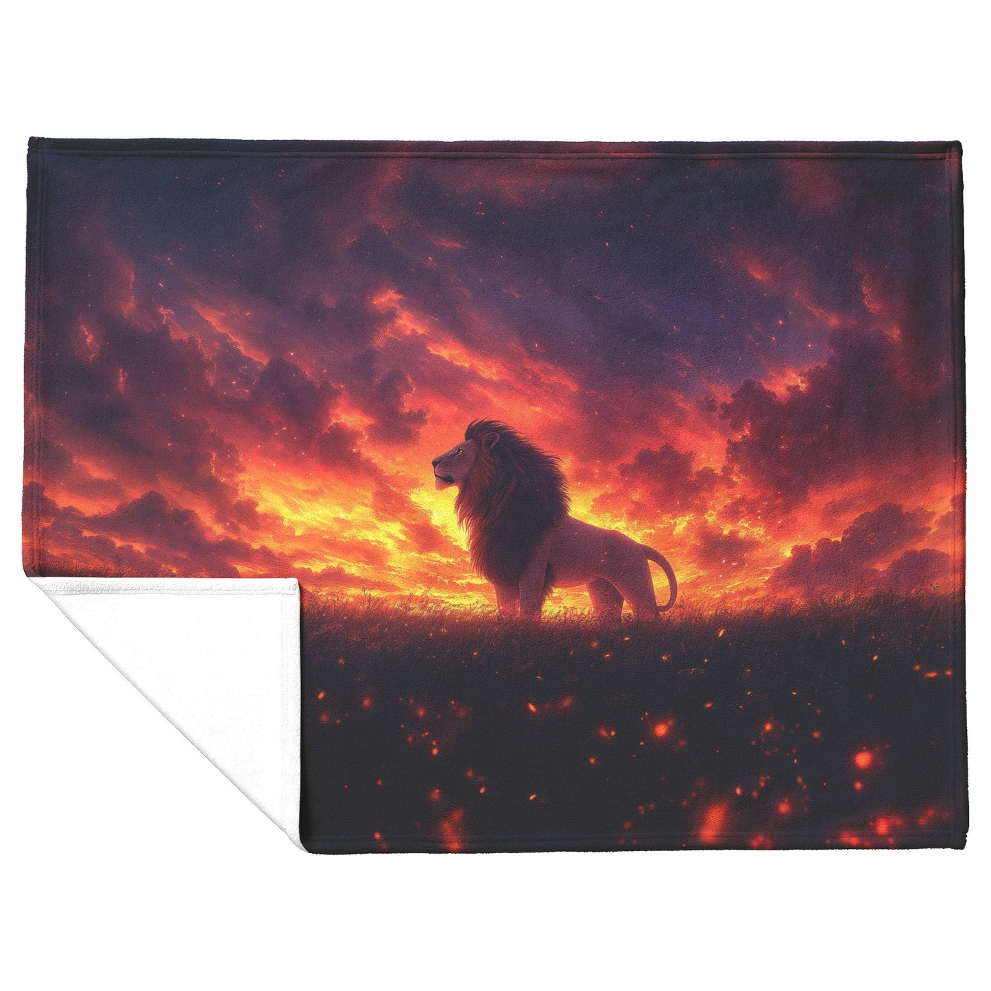 Lion Silhouetted Against Glowing Twilight Sky with Swirling Golden Mist Fleece Sherpa Blanket - Awakening Righteousness