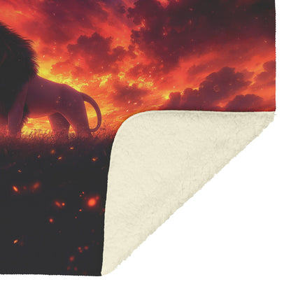 Lion Silhouetted Against Glowing Twilight Sky with Swirling Golden Mist Fleece Sherpa Blanket - Awakening Righteousness