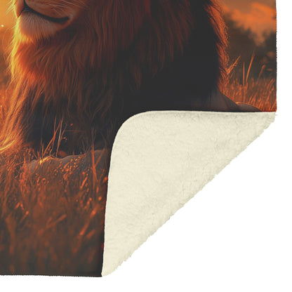 Lion Sitting Majestically on Grassy Savanna Under Golden Sunlight with Ethereal Clouds Fleece Sherpa Blanket - Awakening Righteousness