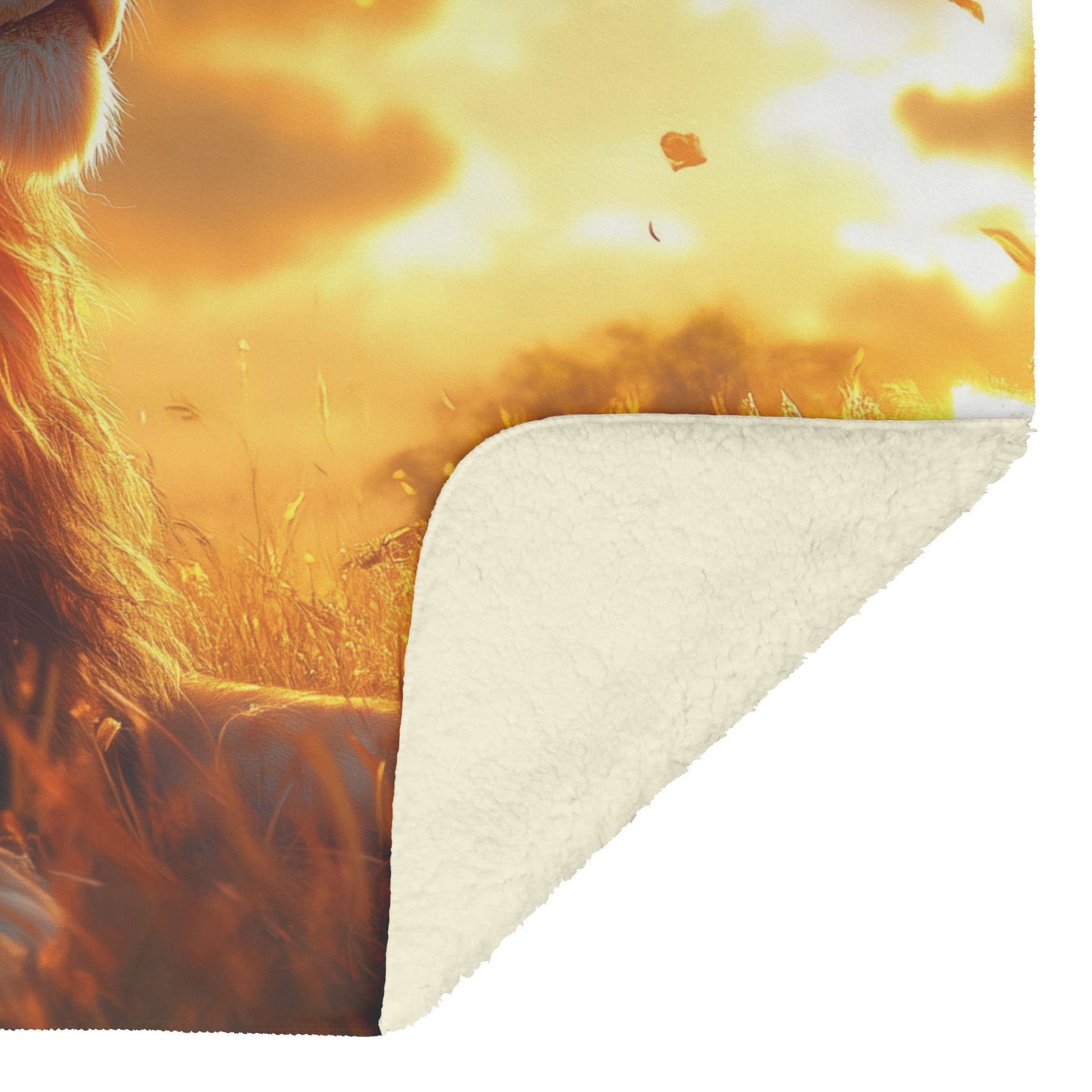 Lion Sitting Majestically on Grassy Savanna Under Golden Sunlight with Ethereal Clouds Fleece Sherpa Blanket - Awakening Righteousness