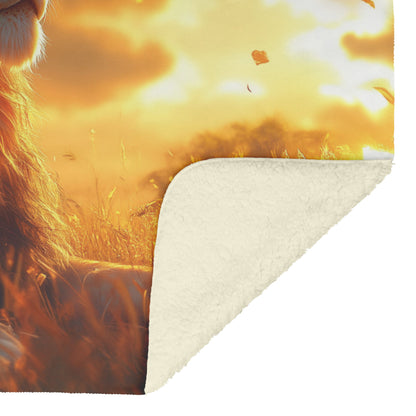 Lion Sitting Majestically on Grassy Savanna Under Golden Sunlight with Ethereal Clouds Fleece Sherpa Blanket - Awakening Righteousness