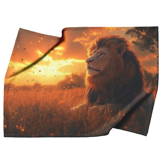 Lion Sitting Majestically on Grassy Savanna Under Golden Sunlight with Ethereal Clouds Fleece Sherpa Blanket - Awakening Righteousness