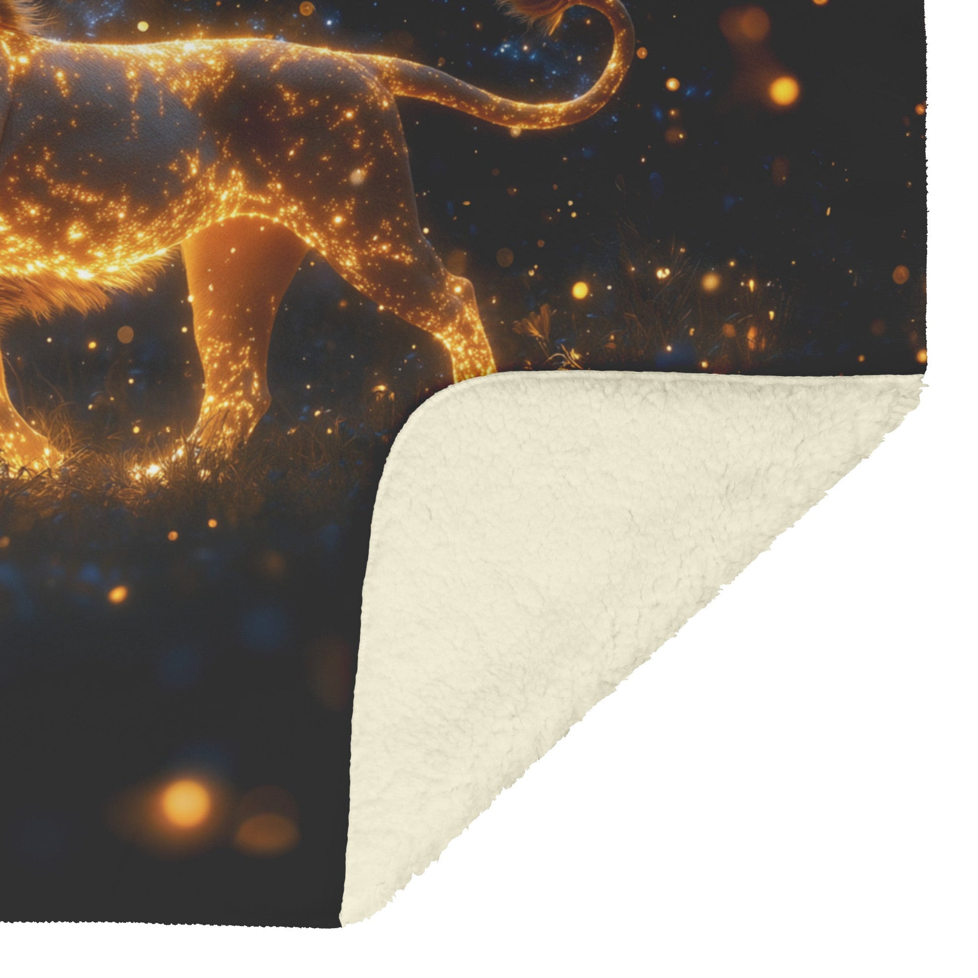Lion with Glowing Golden Fur in Bioluminescent Forest Under Starry Night Sky Fleece Sherpa Blanket - Awakening Righteousness