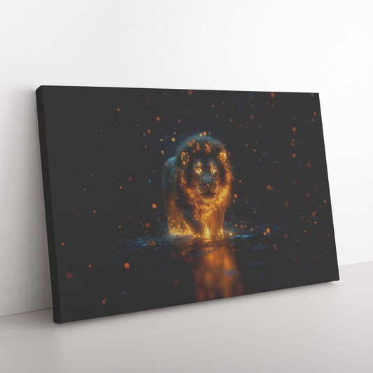 Lion with Glowing Golden Fur Walking Gracefully in Bioluminescent Forest Under Starry Night Sky Canvas Wall Art Decor - Awakening Righteousness