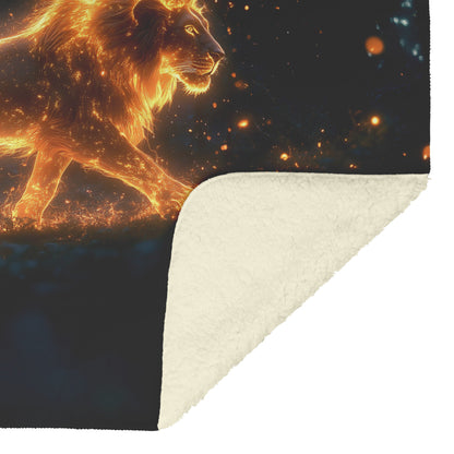 Lion with Glowing Golden Fur Walking in Bioluminescent Forest Under Starry Night Sky Fleece Sherpa Blanket - Awakening Righteousness