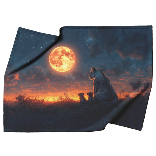 Lioness Protectively Sitting with Cubs in Glowing Savanna Under Soft Moonlight Fleece Sherpa Blanket - Awakening Righteousness