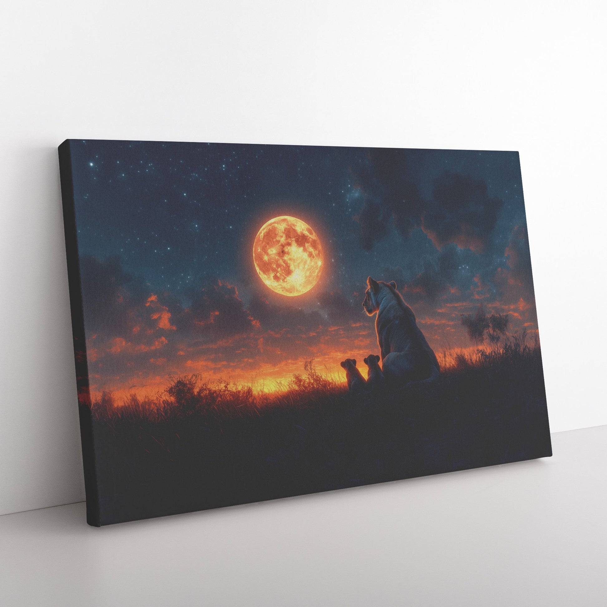 Lioness Sitting Protectively with Cubs in Glowing Savanna Under Soft Moonlight Canvas Wall Art Decor - Awakening Righteousness