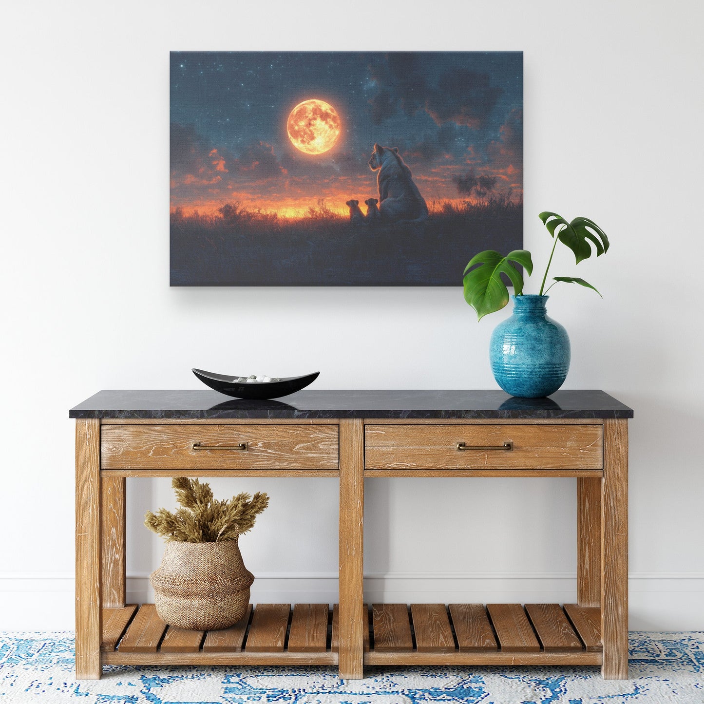 Lioness Sitting Protectively with Cubs in Glowing Savanna Under Soft Moonlight Canvas Wall Art Decor - Awakening Righteousness