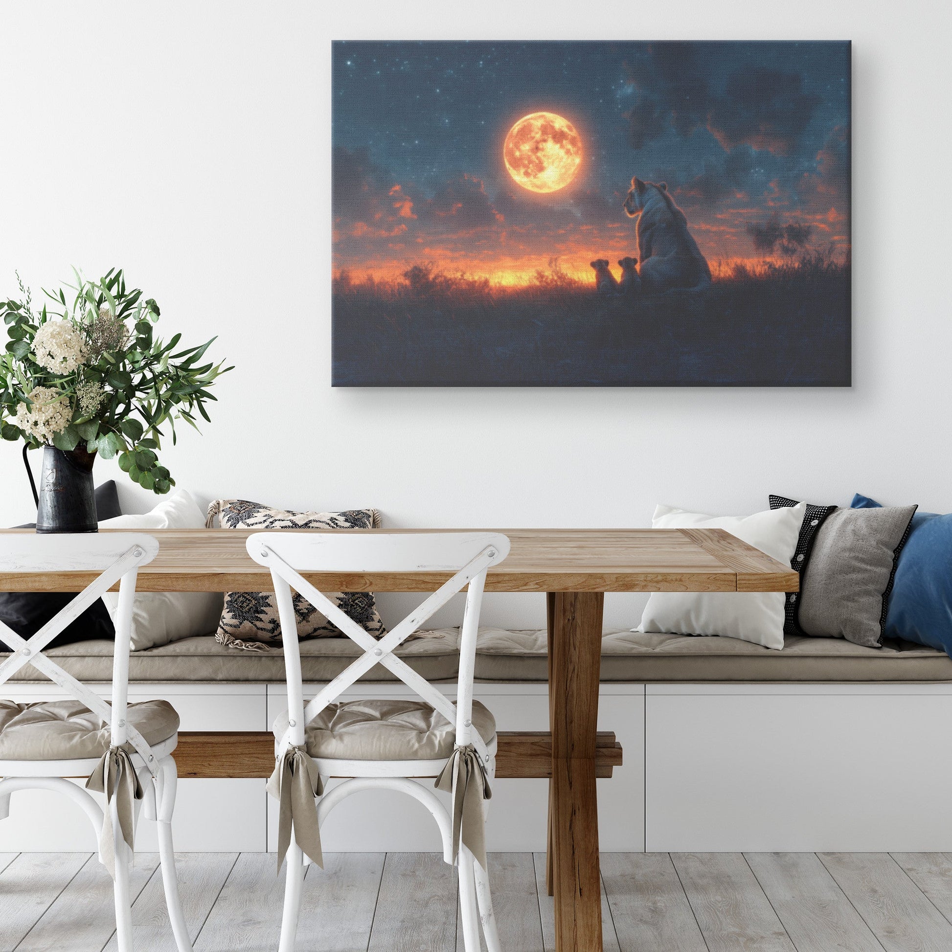 Lioness Sitting Protectively with Cubs in Glowing Savanna Under Soft Moonlight Canvas Wall Art Decor - Awakening Righteousness