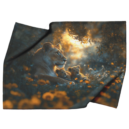 Lioness Sitting Protectively with Cubs in Glowing Savanna Under Soft Moonlight Fleece Sherpa Blanket - Awakening Righteousness