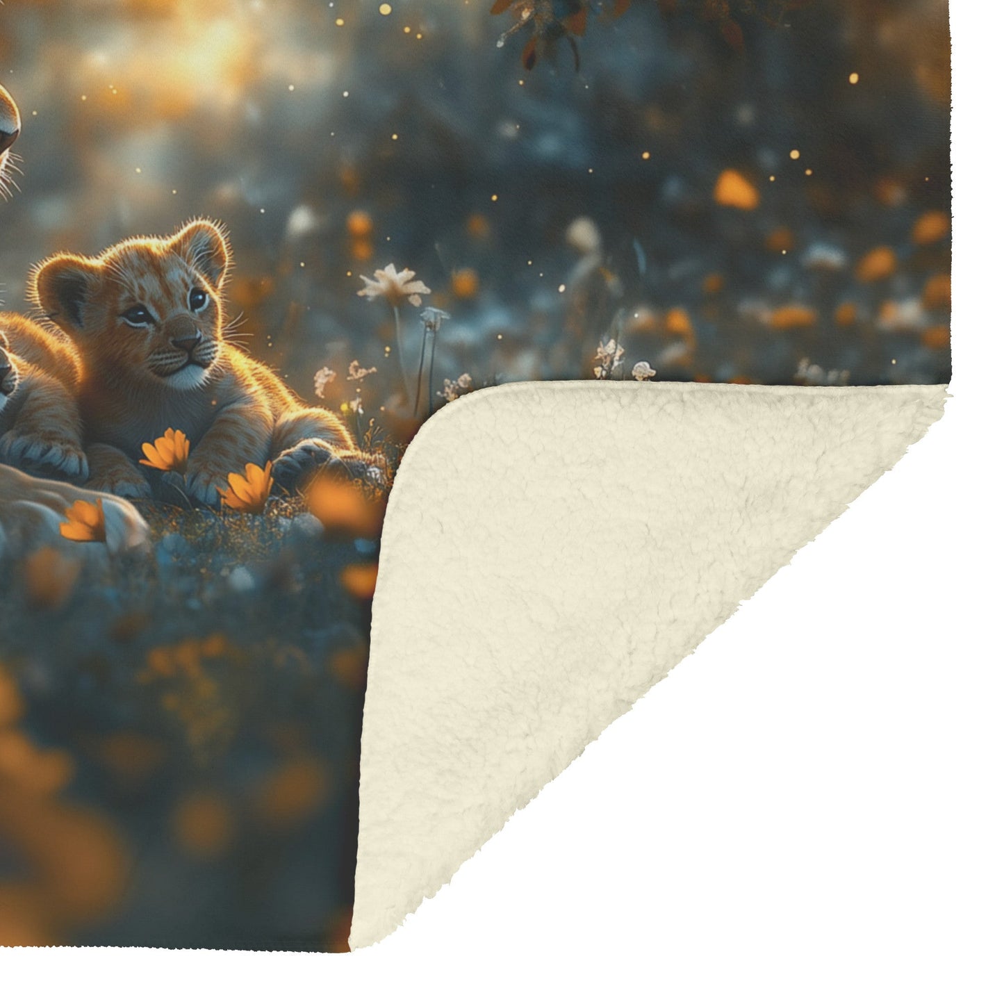Lioness Sitting Protectively with Cubs in Glowing Savanna Under Soft Moonlight Fleece Sherpa Blanket - Awakening Righteousness