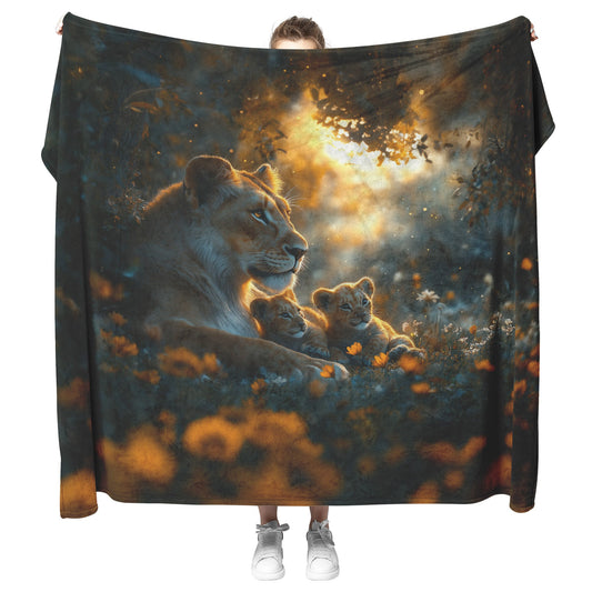 Lioness Sitting Protectively with Cubs in Glowing Savanna Under Soft Moonlight Fleece Sherpa Blanket - Awakening Righteousness