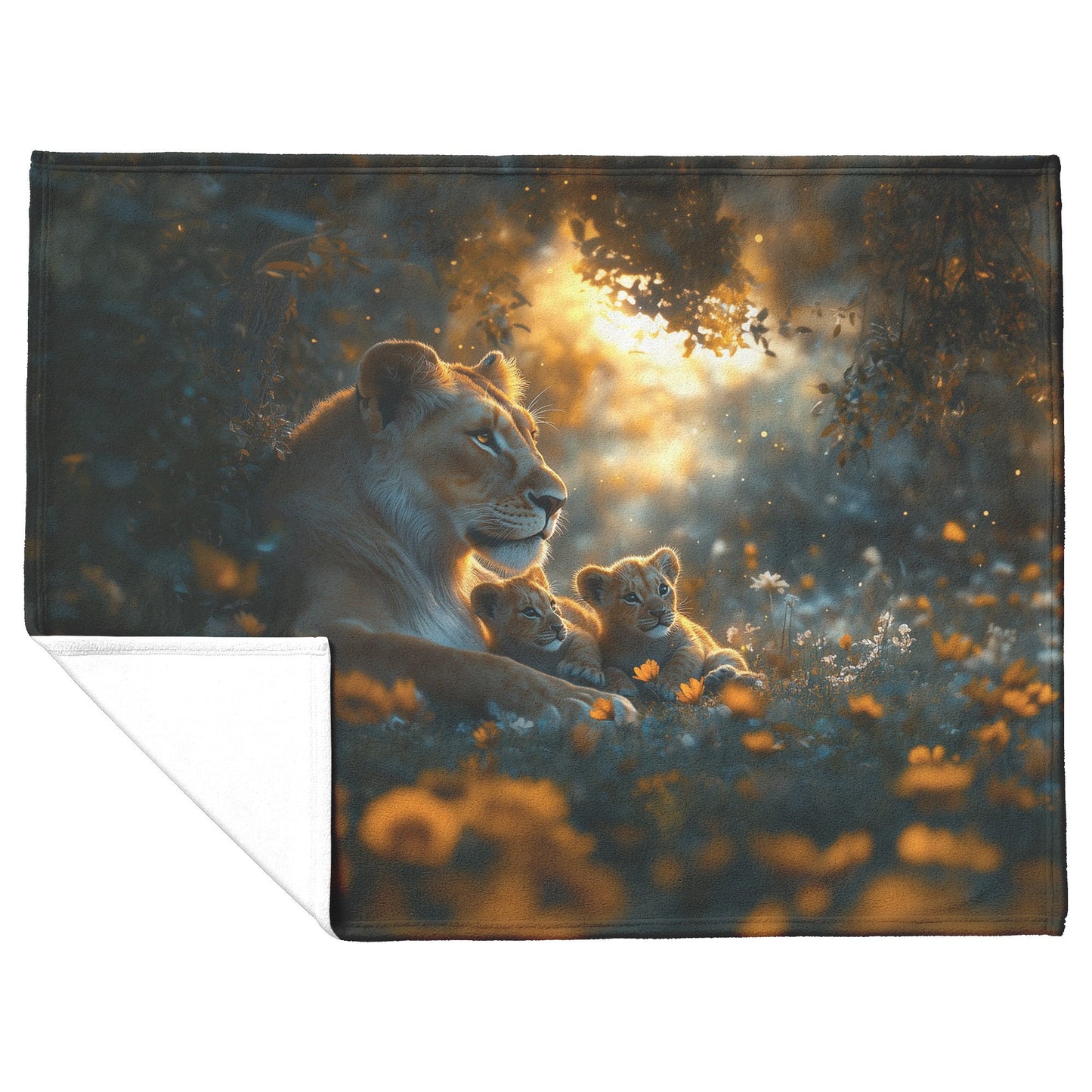 Lioness Sitting Protectively with Cubs in Glowing Savanna Under Soft Moonlight Fleece Sherpa Blanket - Awakening Righteousness