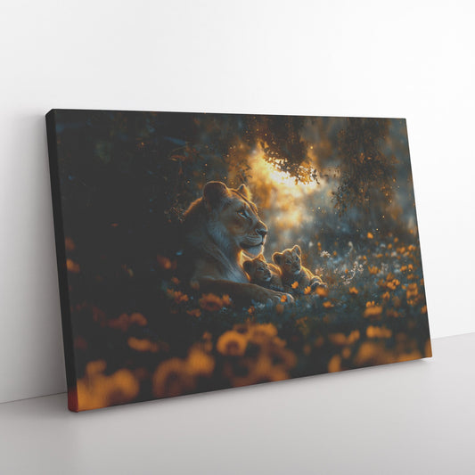 Lioness Sitting Protectively with Her Cubs in Glowing Savanna Under Soft Moonlight Canvas Wall Art Decor - Awakening Righteousness