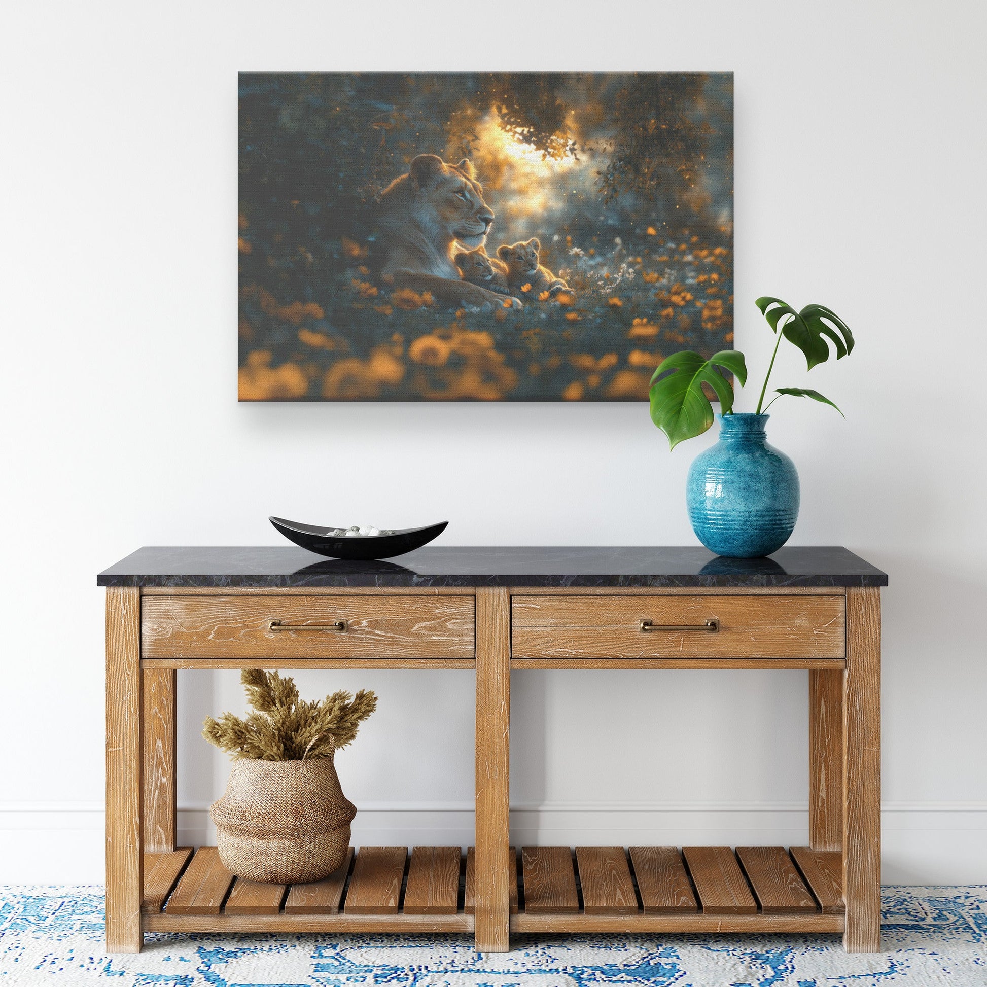Lioness Sitting Protectively with Her Cubs in Glowing Savanna Under Soft Moonlight Canvas Wall Art Decor - Awakening Righteousness
