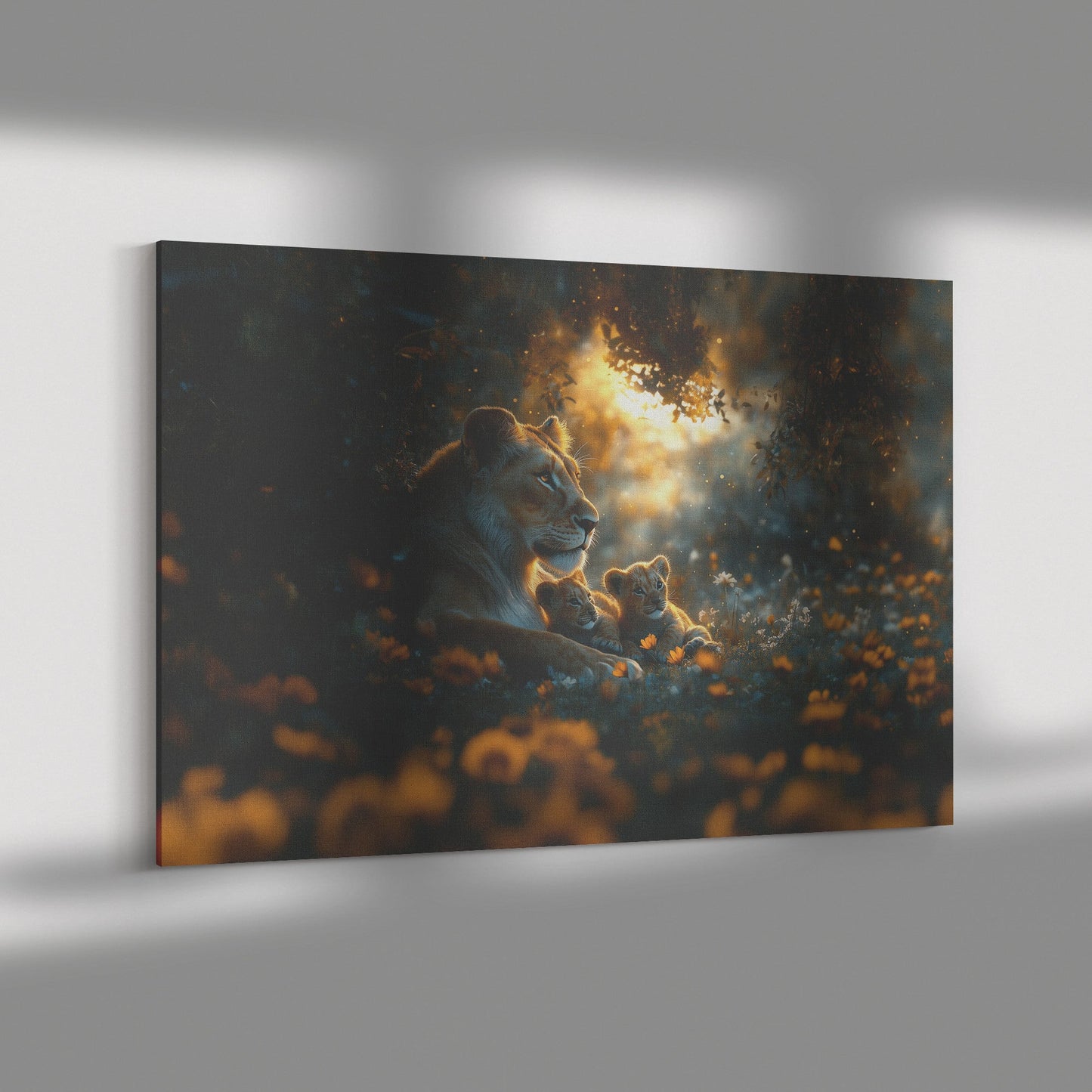 Lioness Sitting Protectively with Her Cubs in Glowing Savanna Under Soft Moonlight Canvas Wall Art Decor - Awakening Righteousness