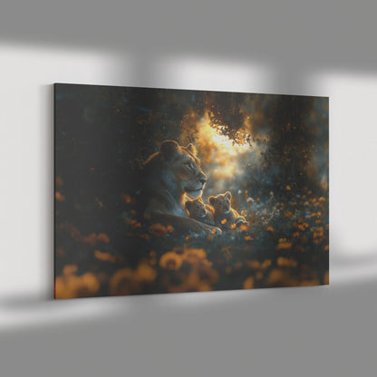 Lioness Sitting Protectively with Her Cubs in Glowing Savanna Under Soft Moonlight Canvas Wall Art Decor - Awakening Righteousness