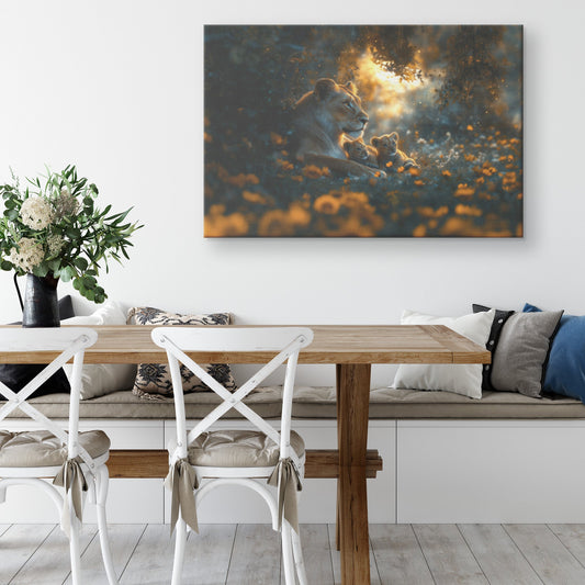 Lioness Sitting Protectively with Her Cubs in Glowing Savanna Under Soft Moonlight Canvas Wall Art Decor - Awakening Righteousness