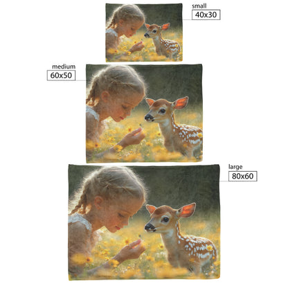 Little Girl Picking Flowers for Baby Deer in White Dress with Morning Light Cozy Fleece Sherpa Blanket - Awakening Righteousness